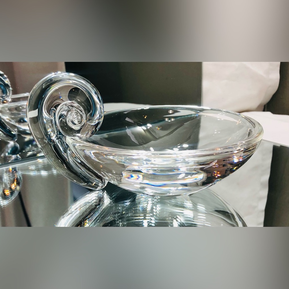 Steuben Olive Dish #7857–ST Scroll Handle 1939 Dreves Crystal 5” Bowl MCM